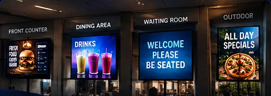 Example: screens at the front counter, dining area, waiting room and outdoors