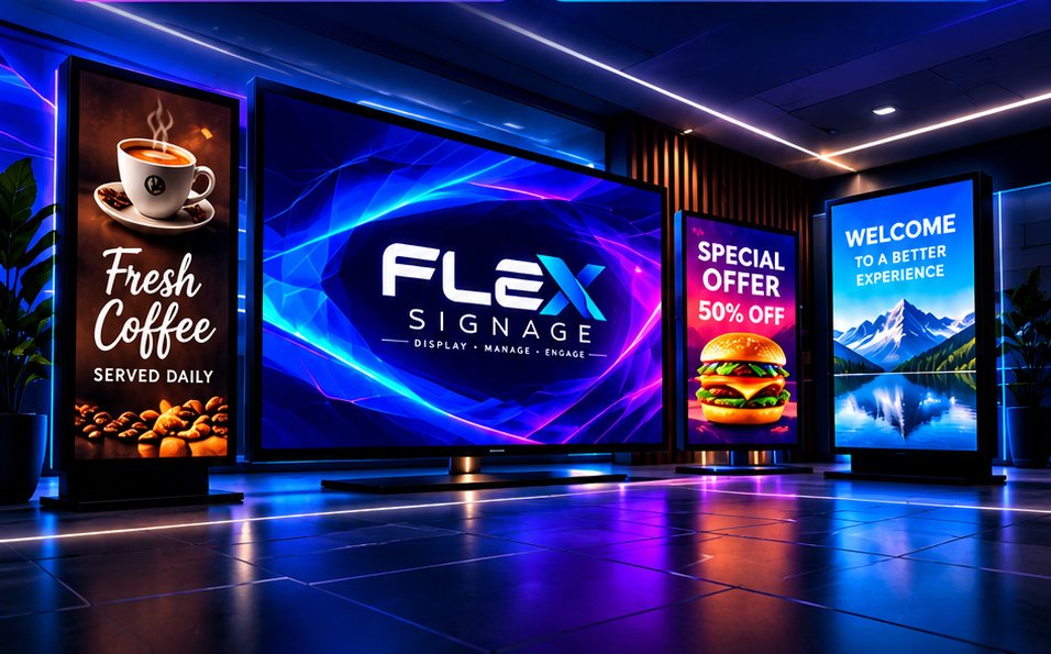 Illustration of a TV and menu boards showing example content in a lobby