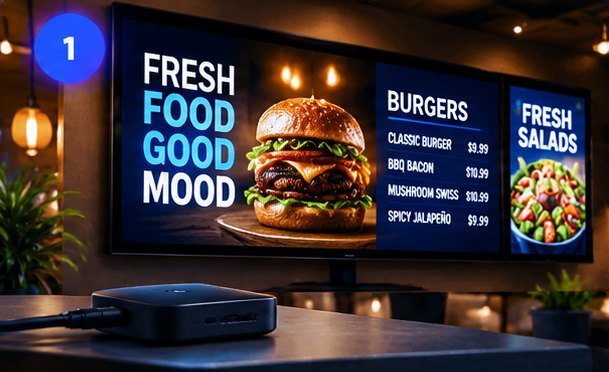Step 1: a TV showing a menu, with a small streaming box connected