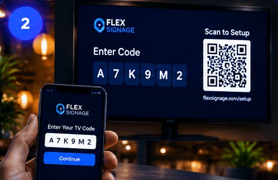 Step 2: a TV showing a setup code, and a phone where the code is entered