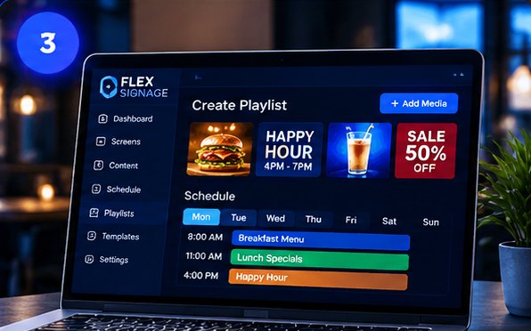Step 3: a laptop showing a playlist and schedule being built